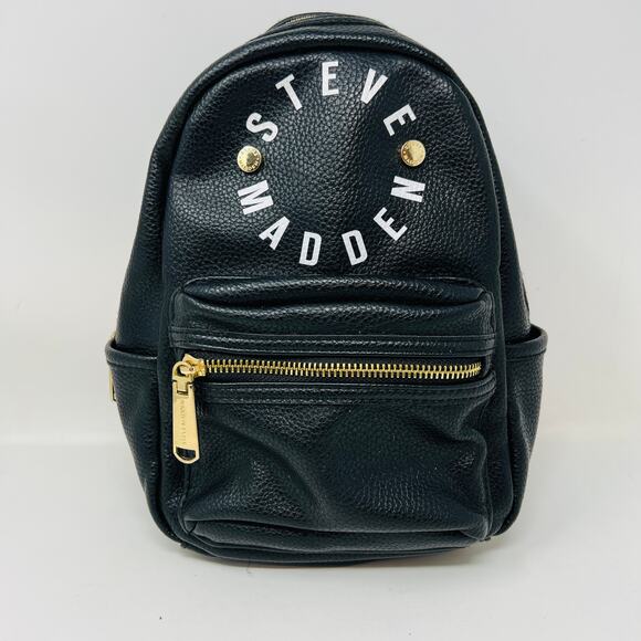 Steve Madden Vegan Pebble Leather Mini Backpack Black Gold - Picture 3 of 10